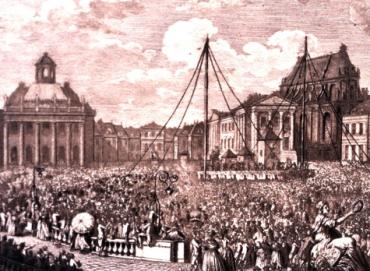 scan of an engraving depicting a huge 19th century crowd engaged in some massive building project