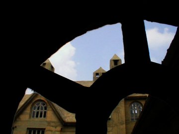 Looking out a window at the Mercer Museum in Doylestown, PA