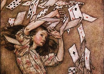 Image of Alice from Alice's Adventures in Wonderland. A shower of cards is flying around her, and she has her arms up to fend them off